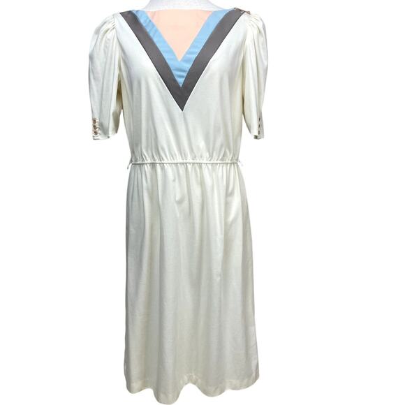 Vintage 80s Dress Womens (16) Geo Puff Sleeve Cream Elastic‎ Waist Secretary USA - Picture 1 of 7